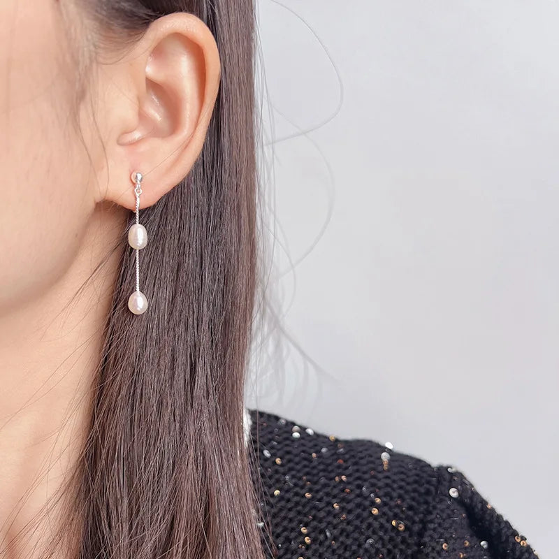 Elegant Freshwater Pearl Chain Tassel Spiral Disc Stud & Clip On No Piercing Long Drop Earrings