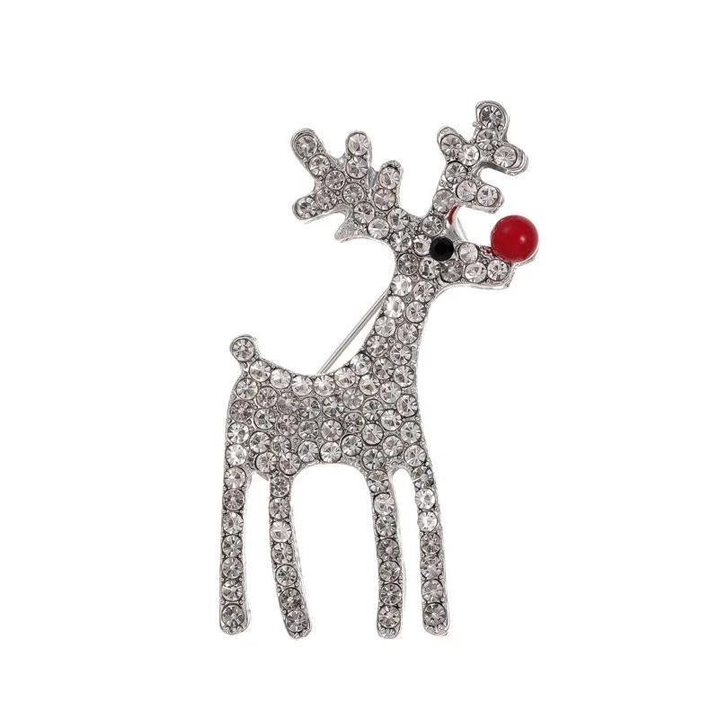 Cute Christmas Reindeer Rhinestone Alloy Brooch With Red Nose, Elegant Lapel Pin Corsage Gift