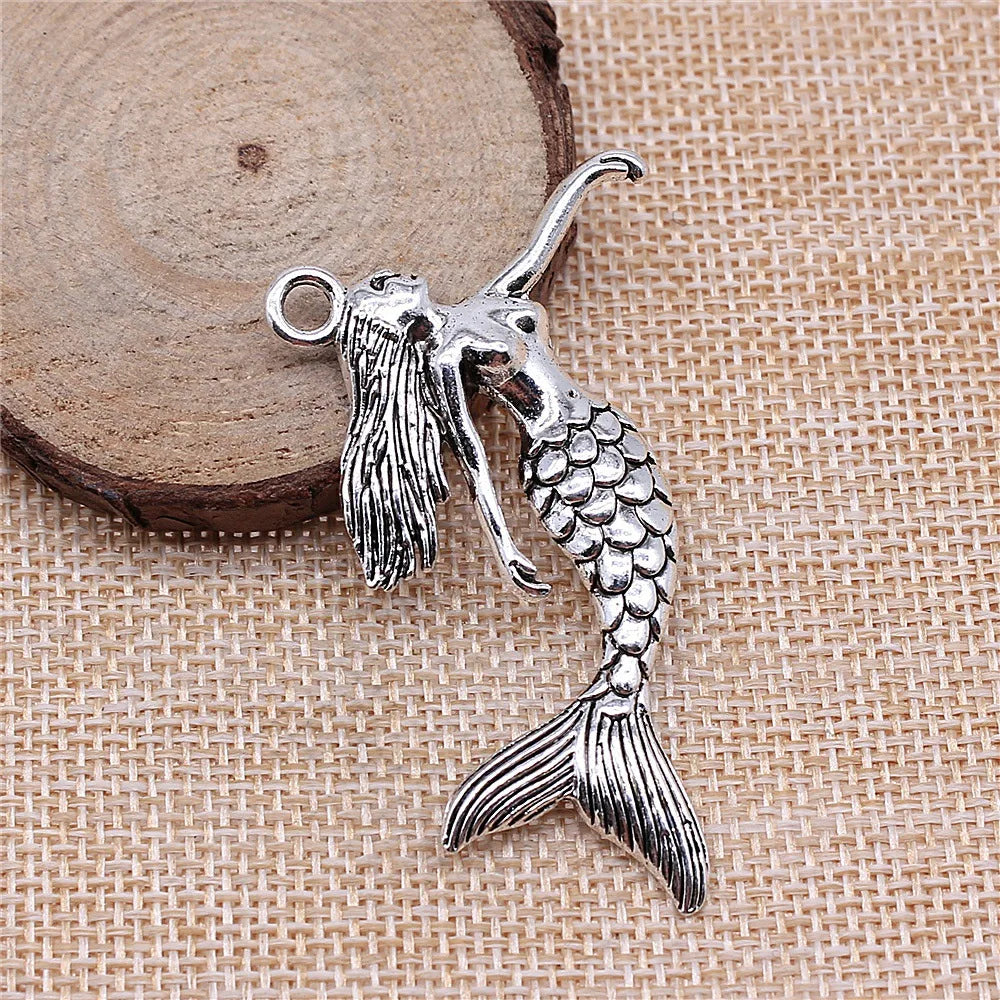 50x57mm 7g Antique Silver Zinc Alloy Mermaid Charm Pendant for DIY Ocean Necklace Jewelry Making