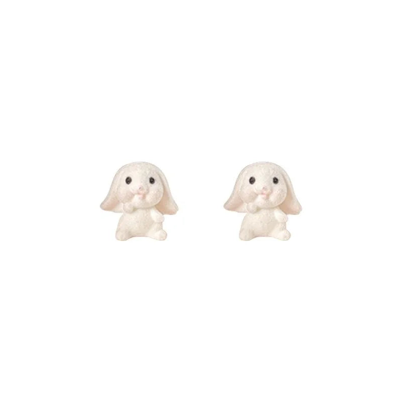 Cute White Flocked Resin Rabbit Stud Earrings With Silver Plated Pins For Girls