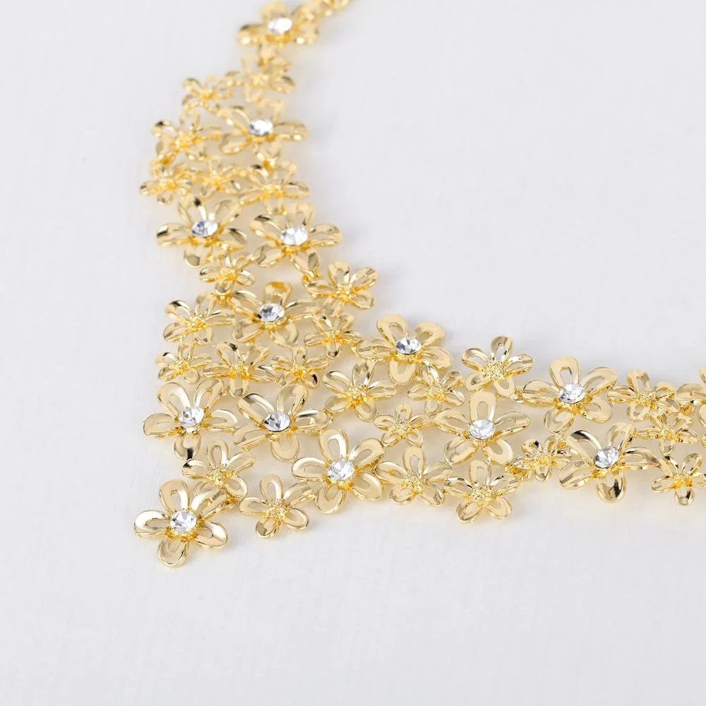 Elegant Gold Alloy Floral Rhinestone Necklace Earrings Jewelry Set For Wedding Party Banquet Gift
