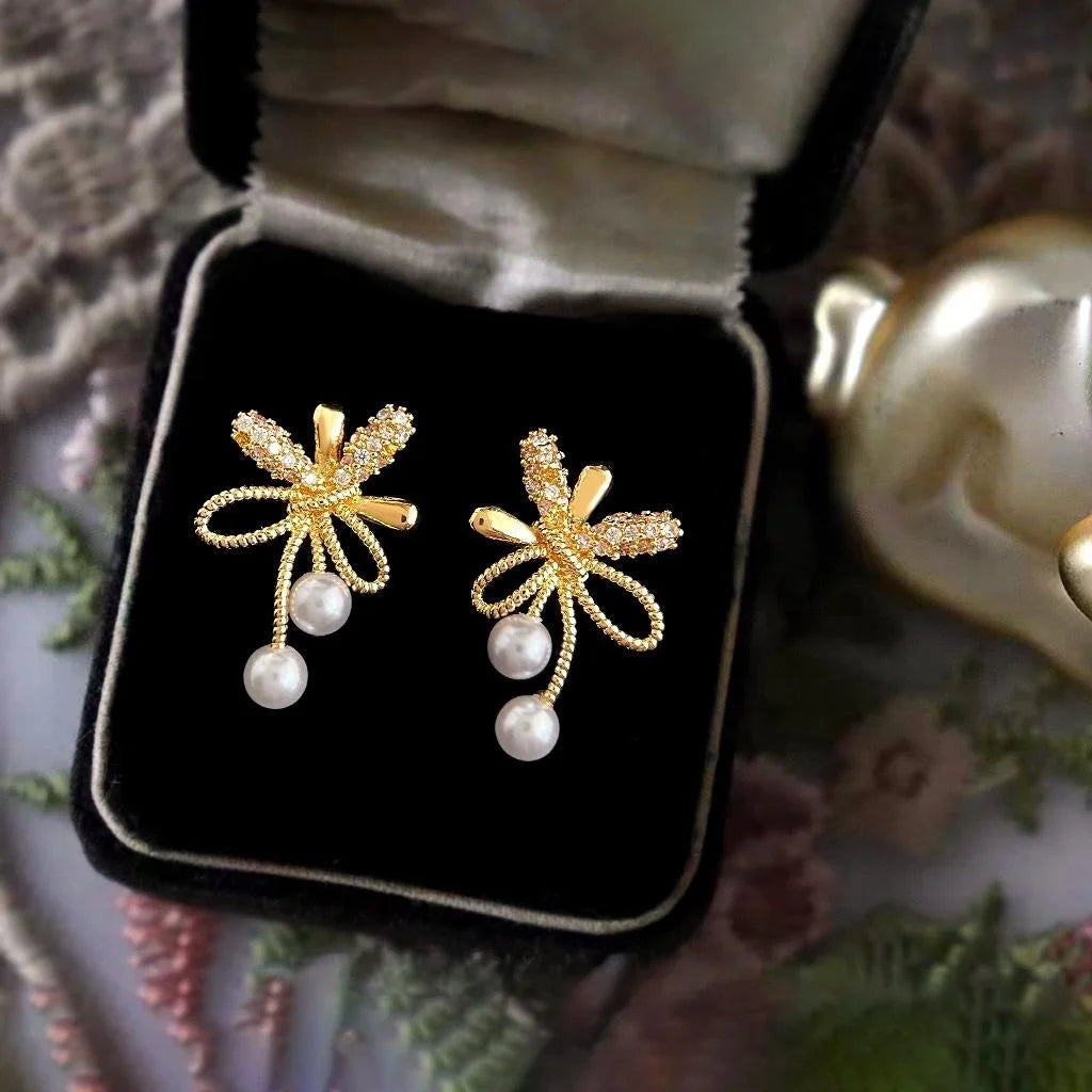 14K Plated Copper Firework Bow Stud Earrings With Pearl Zircon Micro Pave Elegant Office Jewelry