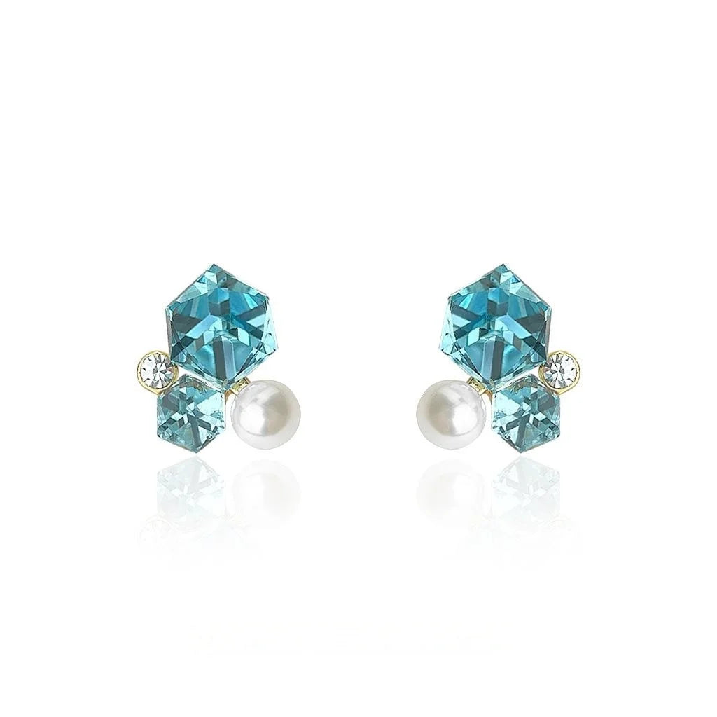 K9 Aquamarine Glass Crystal Sugar Cube Geometric Stud Earrings Fresh Sweet Commuter Style