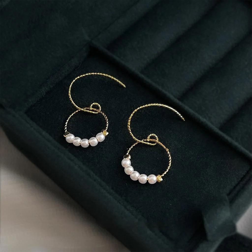 Minimalist Copper Round Geometric Hollow Pearl Drop Earrings, Handmade Elegant Jewelry