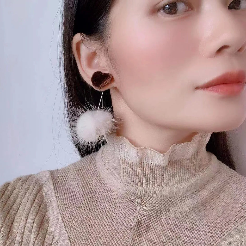 Pink Mink Fur Pom Pom Drop Stud & Clip On No Piercing Alloy Ball Dangle Winter Earrings