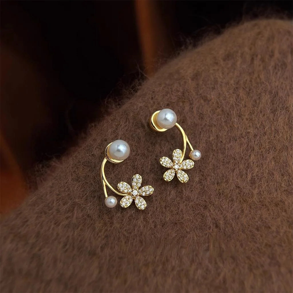 Sweet 14K Gold Plated Copper Pearl Flower Stud Earrings With Micro Pave Zircon