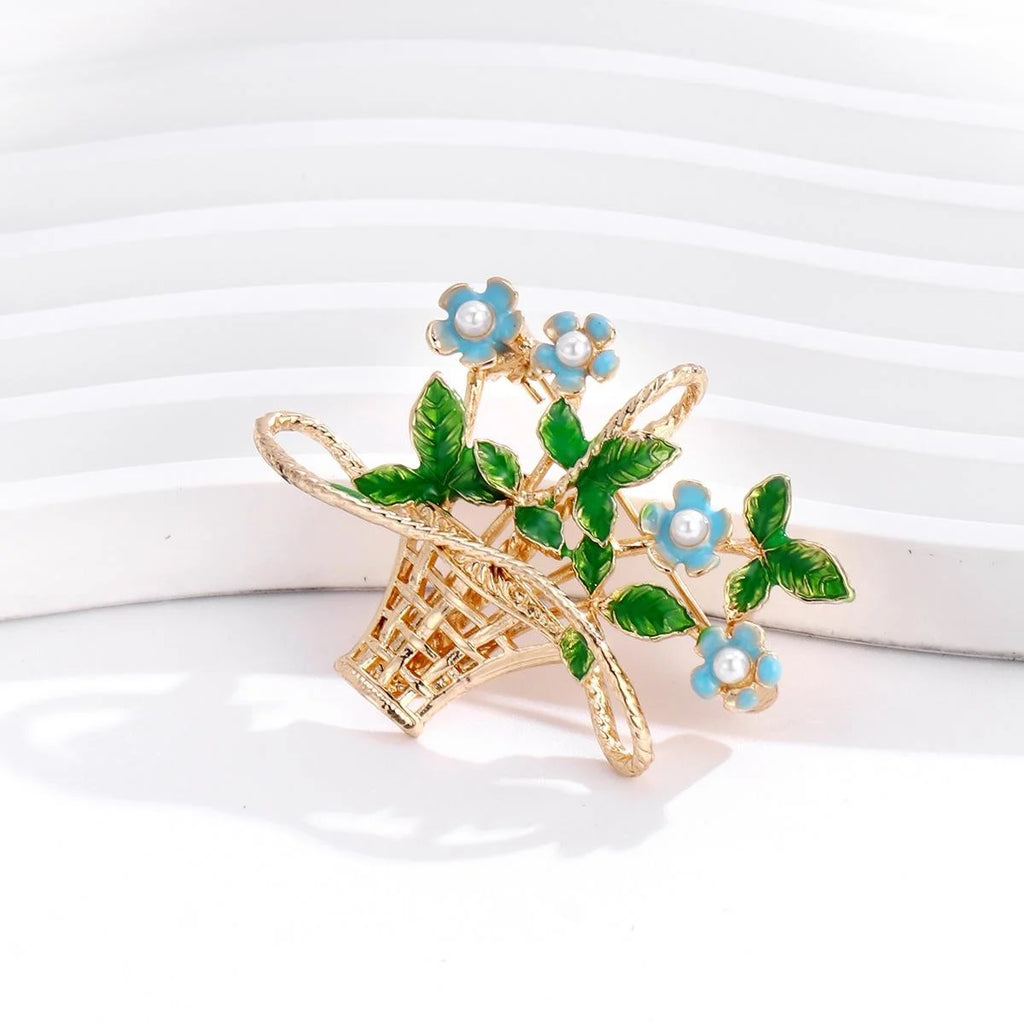 Elegant Enamel Flower Basket Brooch With Faux Pearl Accents, Gold Alloy Lapel Pin Corsage Gift