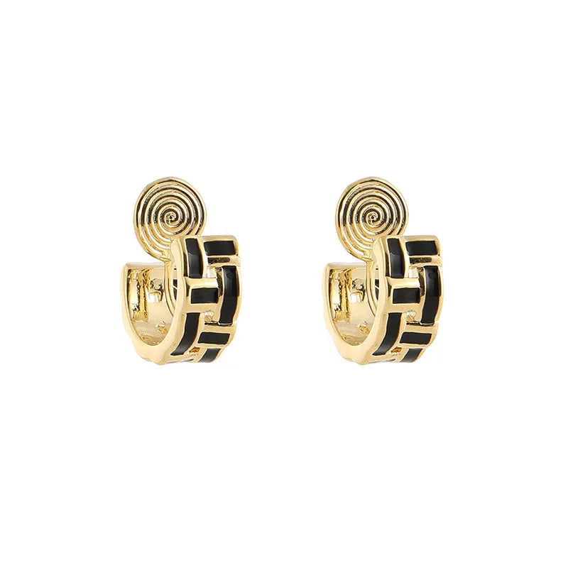 Luxury Vintage Black Enamel Checkerboard C Shape Hoop Alloy Stud & Clip On No Piercing Earrings