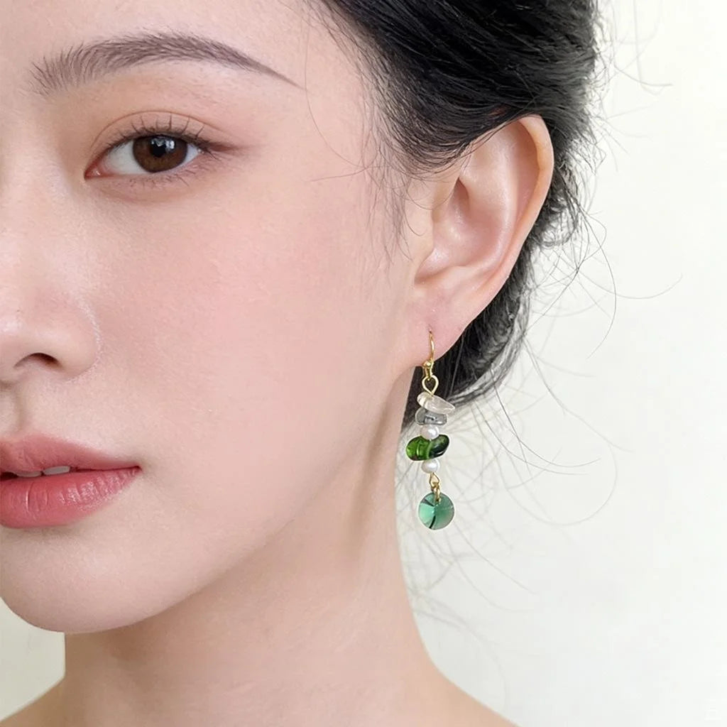 Forest Fresh Handmade Irregular Geometric Crushed Stone Freshwater Pearl Drop Earrings