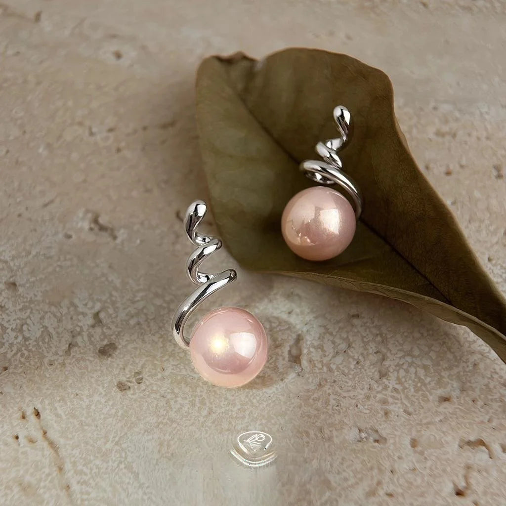 Niche Pink Pearl Copper Drop Earrings Minimalist Wave Geometric Designer Style For Women