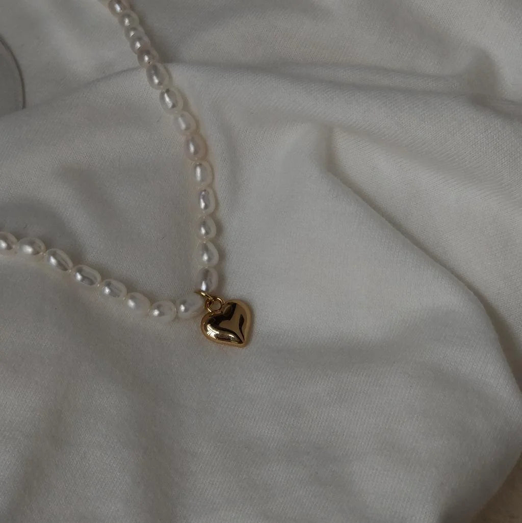 14K Gold Plated Natural Freshwater Pearl Heart Pendant Necklace Japanese Korean Elegant Clavicle Chain