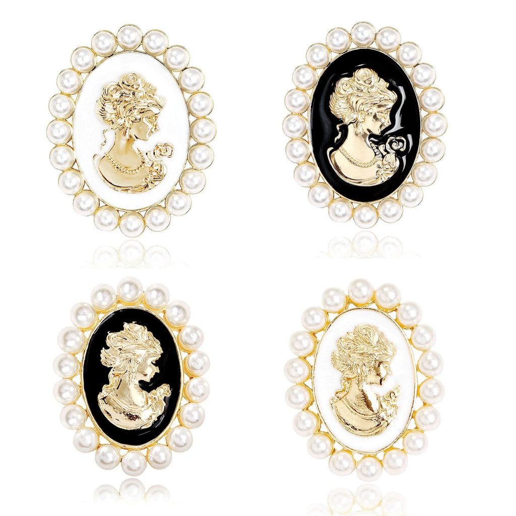 Vintage Baroque Lady Cameo Brooch With Faux Pearl And Enamel Frame, Elegant Lapel Pin Suit Accessory Gift
