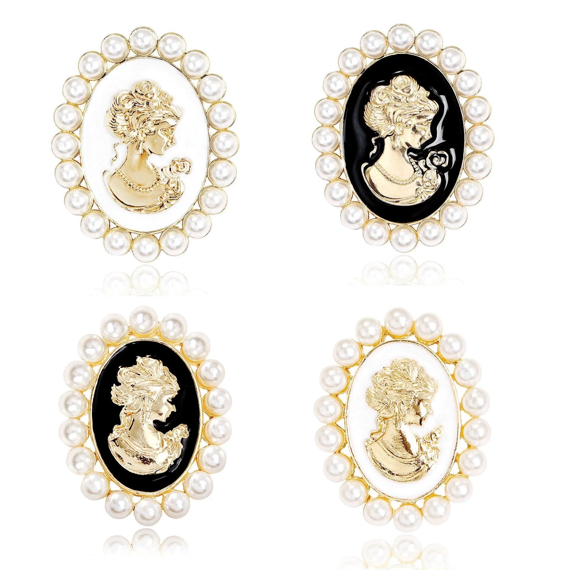 Vintage Baroque Lady Cameo Brooch With Faux Pearl And Enamel Frame, Elegant Lapel Pin Suit Accessory Gift