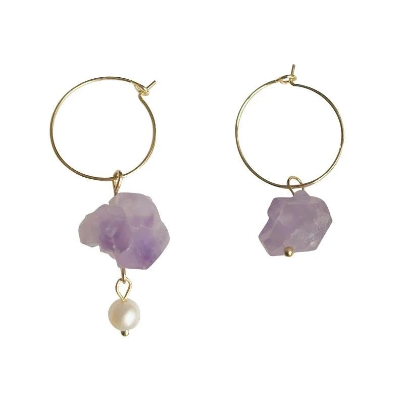 Handmade Amethyst Crystal Freshwater Pearl Asymmetric Geometric Drop Earrings For Women