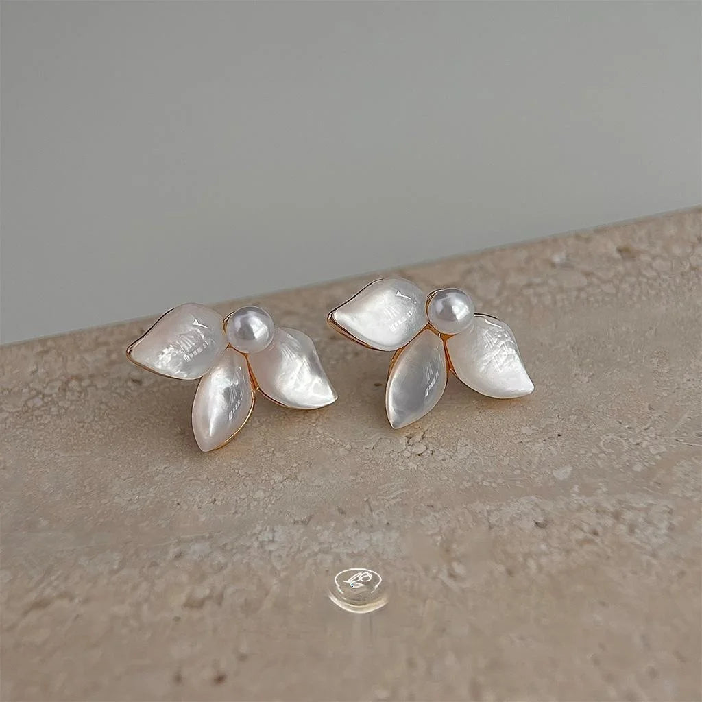 14K Gold Plated Copper Real Shell Iris Flower Leaf Stud Earrings Elegant Light Luxury Jewelry