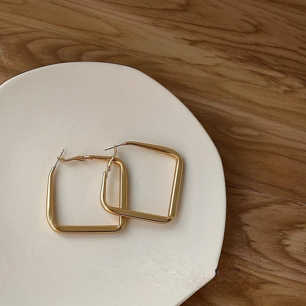 Matte Gold Plated Geometric Square Metal Hoop Earrings For Women Fashion OL Statement Jewelry