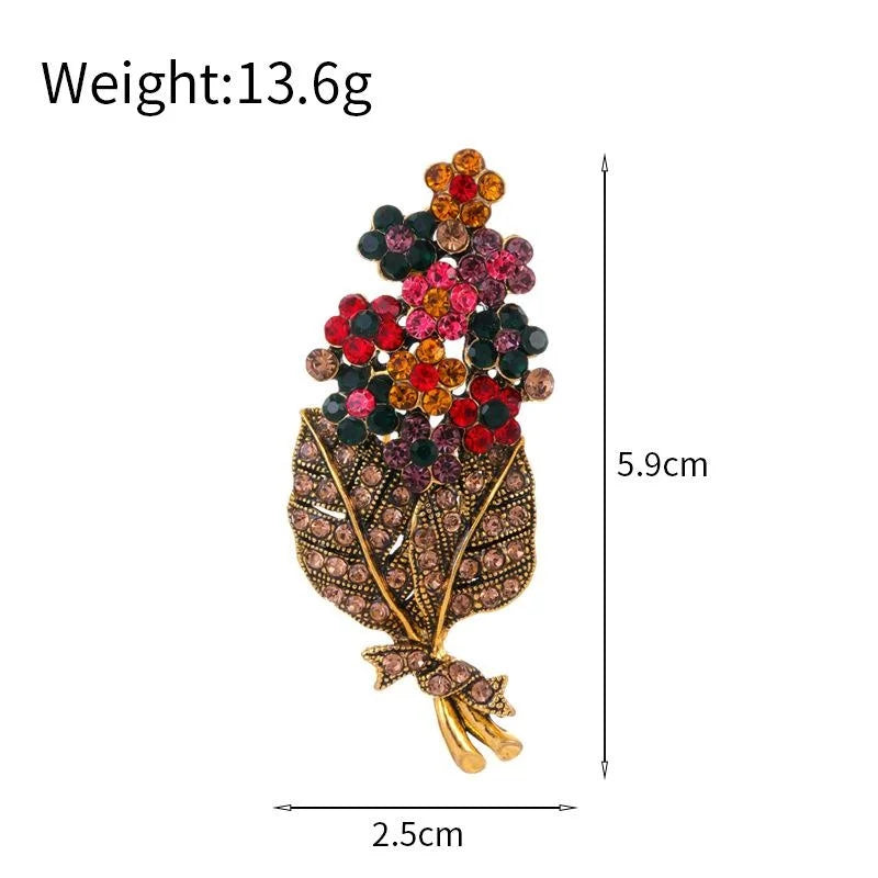 Vintage Rhinestone Flower Bouquet Leaf Basket Brooch For Women, Elegant Alloy Lapel Pin Suit Accessory Gift