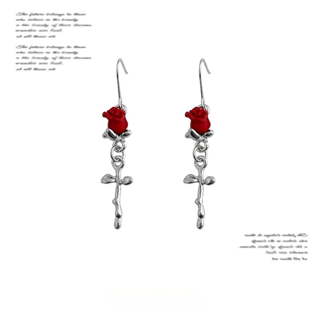 Copper Red Rose Flower Drop Earrings, Minimalist Sweet Cool Style