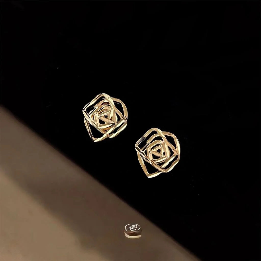 Light Luxury 14K Plated Copper Rose Flower Stud Earrings And Hollow Petal Design