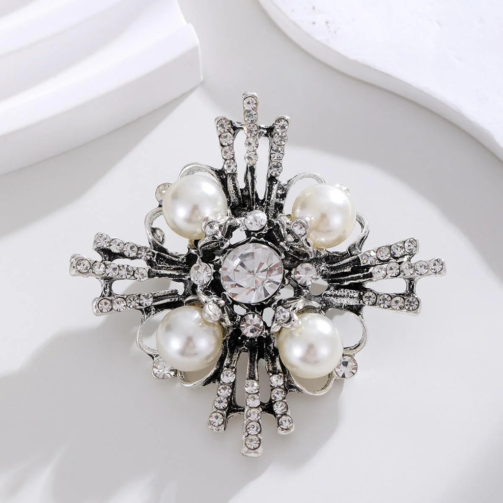 Luxury Geometric Cross Pearl Rhinestone Brooch Silver Tone Alloy Lapel Pin Corsage Suit Accessory Gift