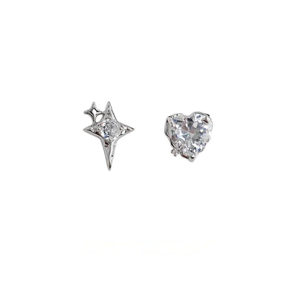 Sparkling Zircon Inlaid Asymmetric Star Heart Copper Stud Earrings Silver Plated Minimalist Jewelry