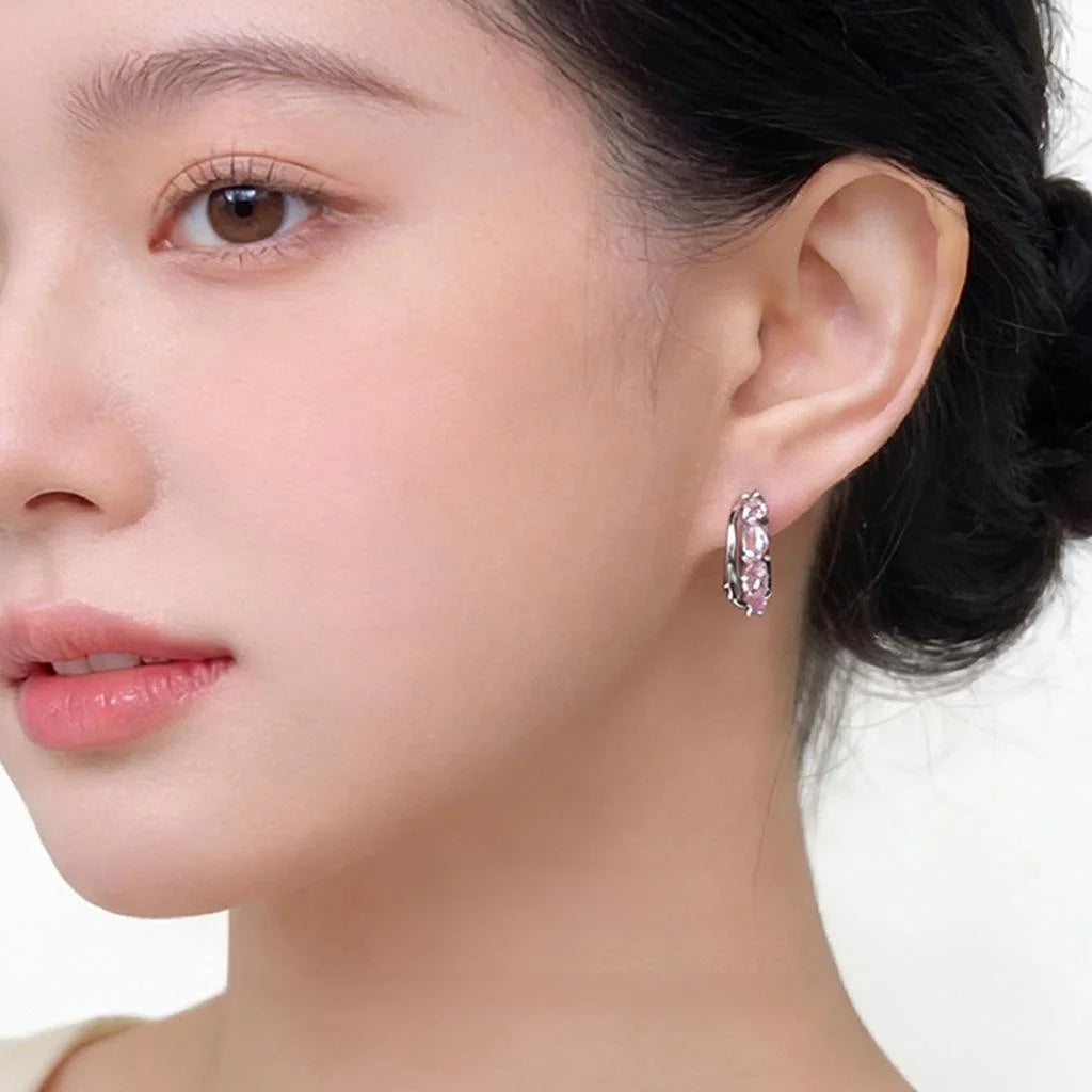 Pink Zircon Micro Pave Copper C-Shaped Double Layer Hoop Earrings Sweet Luxury Style