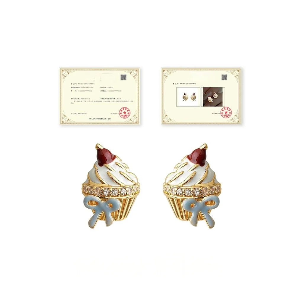 Cute Childlike Hand Painted Ice Cream Cake Copper Zircon Stud Earrings For Women