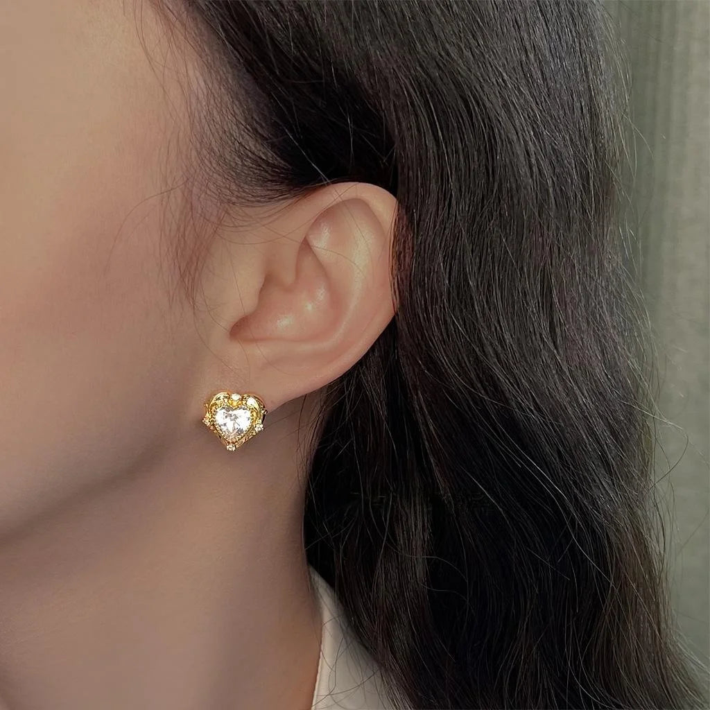 14K Plated Copper Heart Zircon Lace Edge Stud Earrings Elegant Office Jewelry