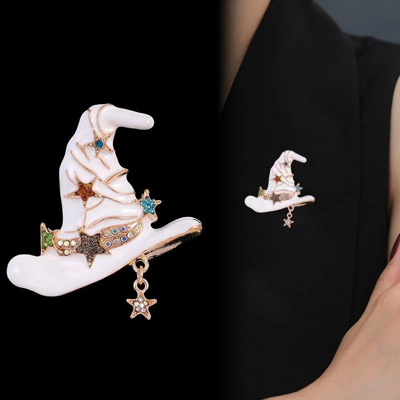 Vintage White Enamel Wizard Hat Brooch With Rhinestone Stars, Halloween Alloy Lapel Pin Gift