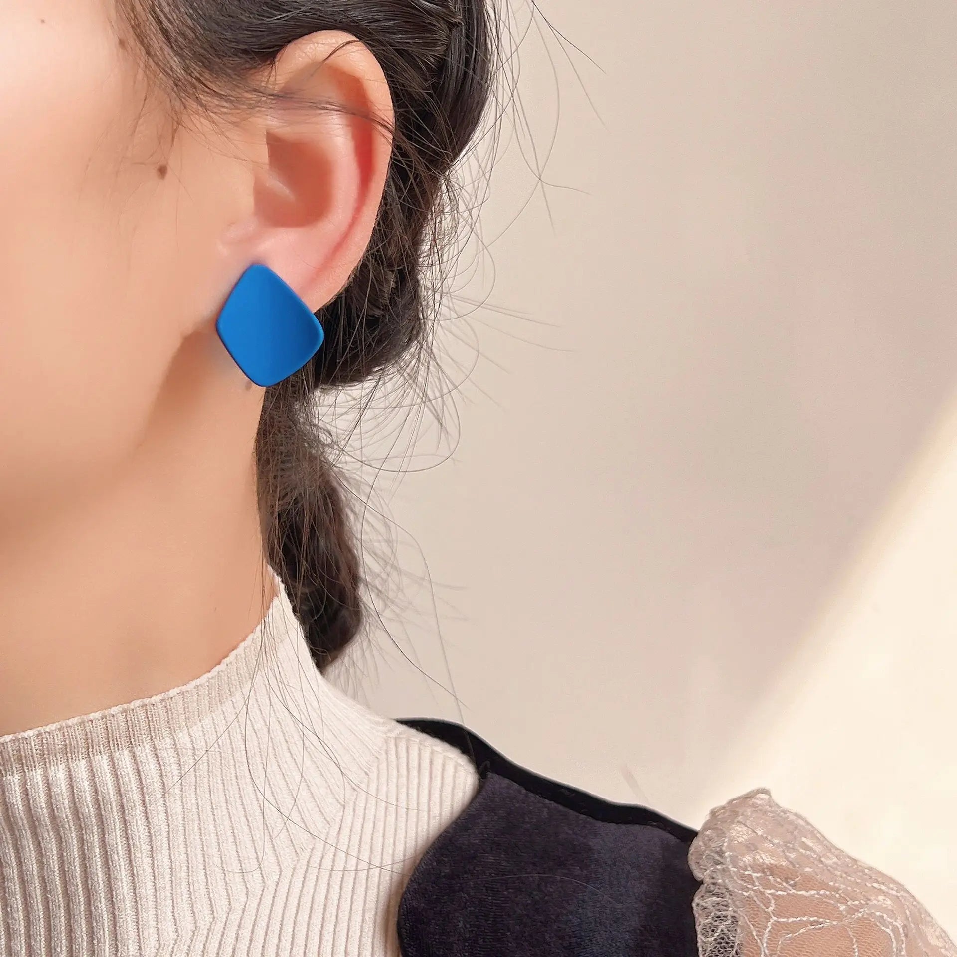 Klein Blue Rounded Square Enamel Alloy Stud & Clip On No Piercing Minimalist Geometric Earrings