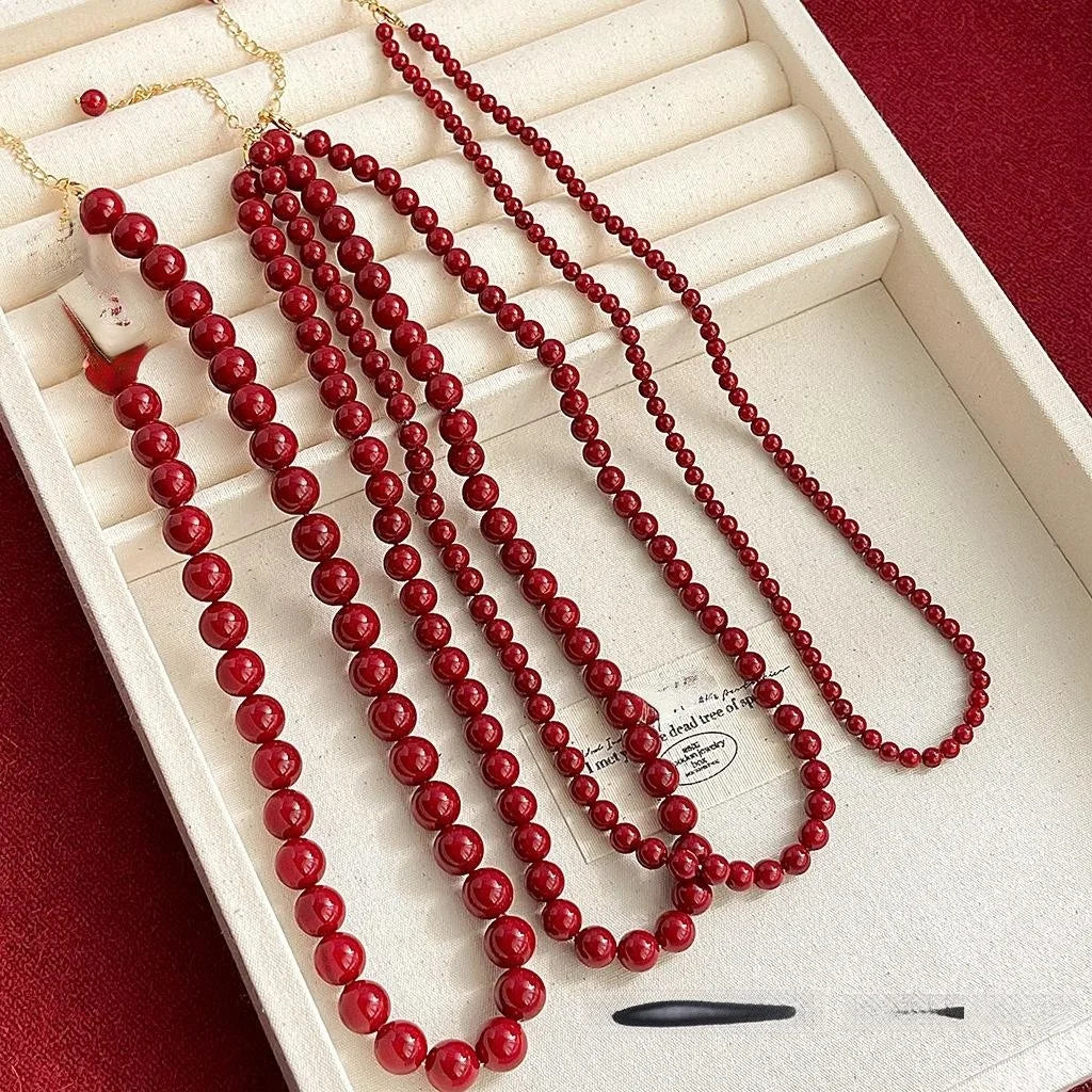 Vintage Red Glass Pearl Enamel Geometric Round Pendant Sweater Chain Choker Necklace