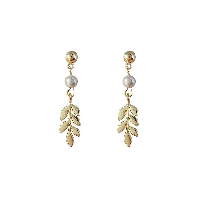 14K Gold Plated Copper Wheat Leaf Stud Earrings Handmade Minimalist Style Jewelry