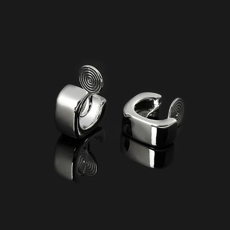Elegant Silver Alloy Square Hoop With Spiral Disc Stud & Clip On No Piercing Minimalist Wide Huggie Earrings