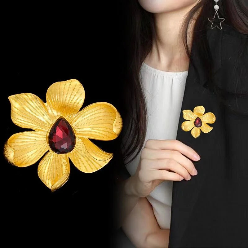 Luxury Gold Flower Brooch With Red Teardrop Glass Crystal Center, Elegant Floral Lapel Pin Corsage Gift