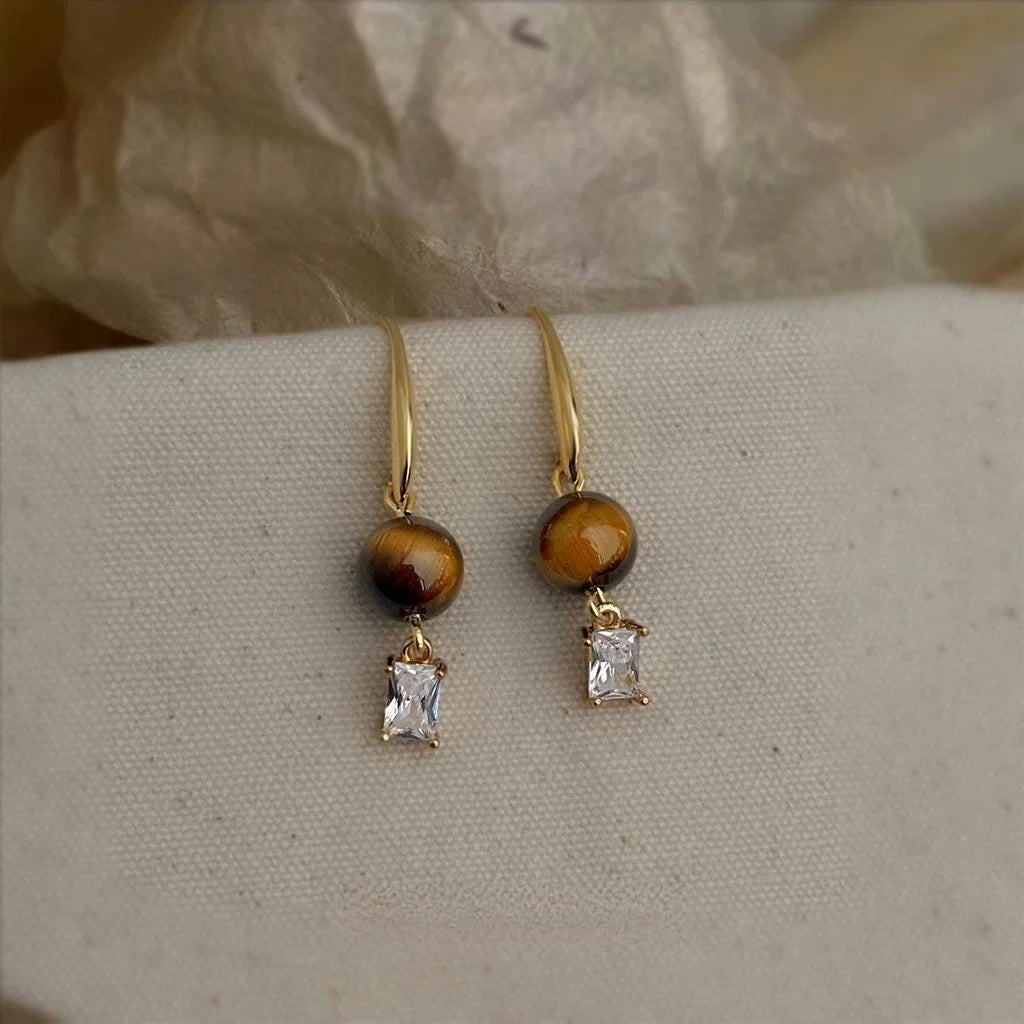 Natural Tiger Eye Stone Copper Geometric Drop Earrings For Women Vintage Ethnic Jewelry