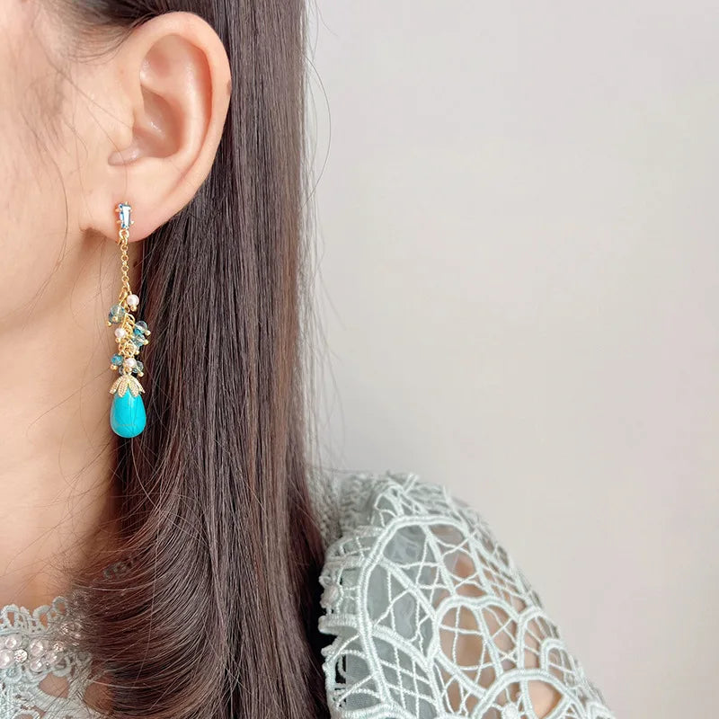 Vintage Turquoise Teardrop Tassel Alloy Crystal Pearl Stud & Clip On No Piercing Long Dangle Earrings