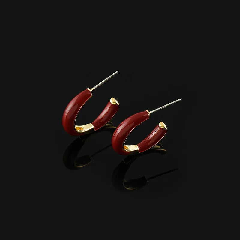 Elegant Red Enamel C-Shaped Hoop Alloy Stud & Clip On No Piercing Spiral Ear Cuff Women's Earrings