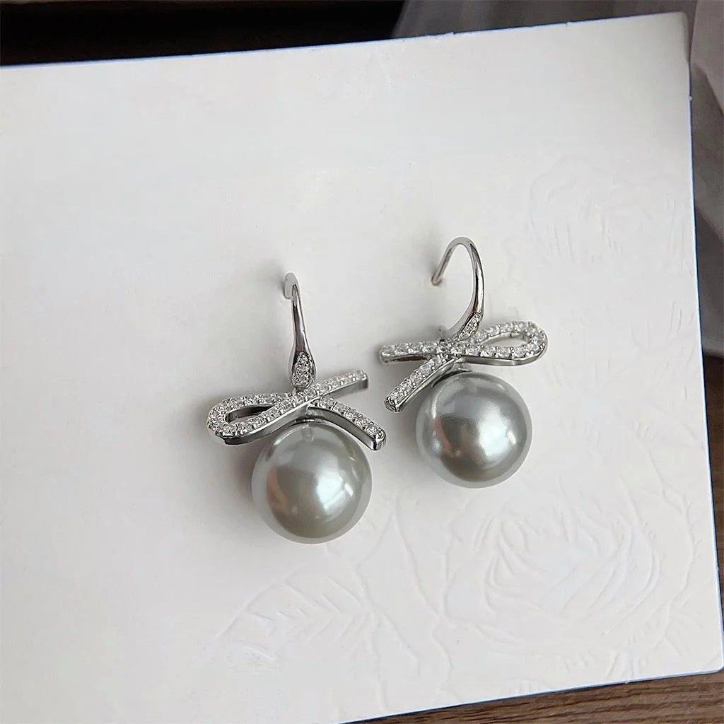 Luxury Gray Glass Pearl Bow Drop Earrings For Women Copper Micro Pave Zircon Minimalist Jewelry