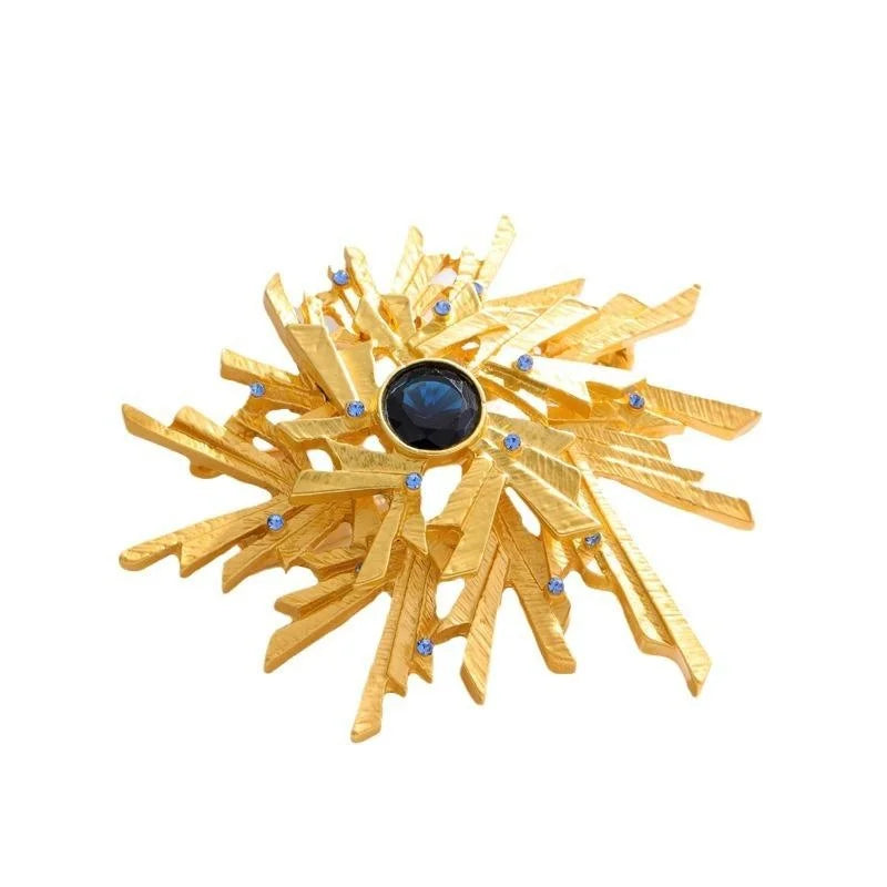 Vintage Gold Snowflake Starburst Brooch With Blue Rhinestones, Elegant Lapel Pin Suit Accessory Gift