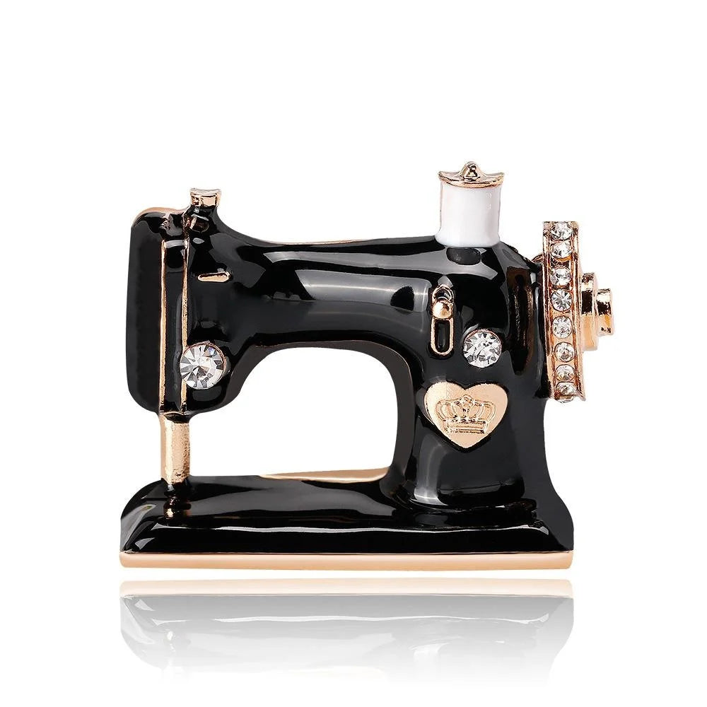 Vintage Black Enamel Sewing Machine Brooch With Rhinestones, Alloy Luxury Lapel Pin Suit Accessory Gift