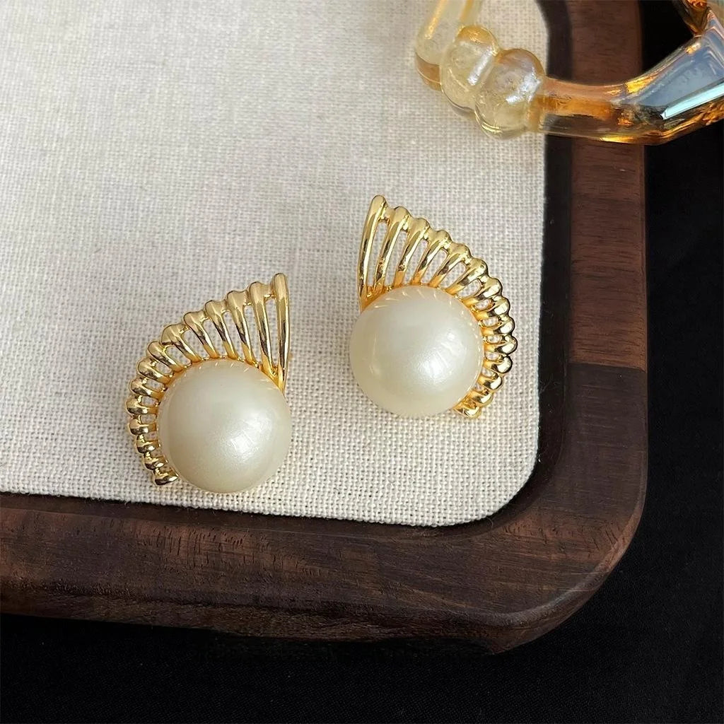 14K Gold Plated Copper Pearl Conch Geometric Hollow French Vintage Drop Earrings