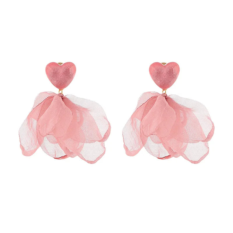 Elegant Pink Heart And Soft Flower Petal Alloy Stud & Clip On No Piercing Long Dangle Drop Earrings