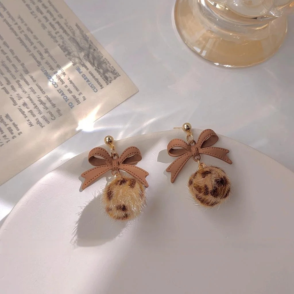 Silver Plated Needle Milk Coffee Big Bow Drop Earrings Winter Fluffy Leopard Fur Ball