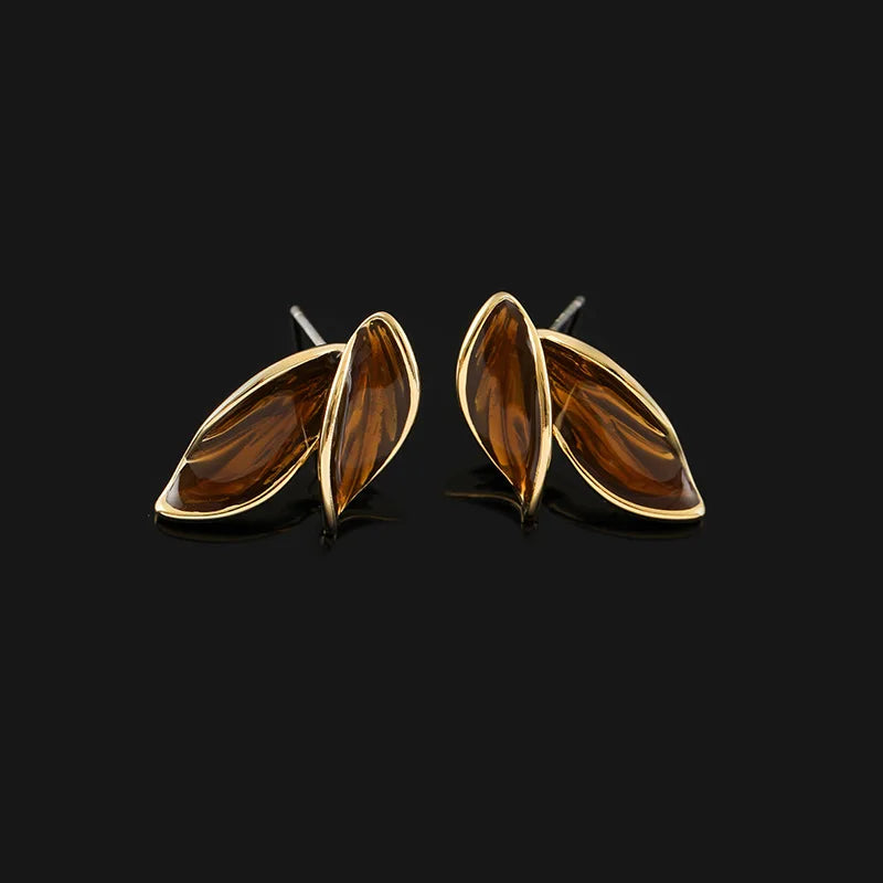 Elegant Brown Enamel Leaf Alloy Stud & Clip On No Piercing Autumn Winter Statement Earrings
