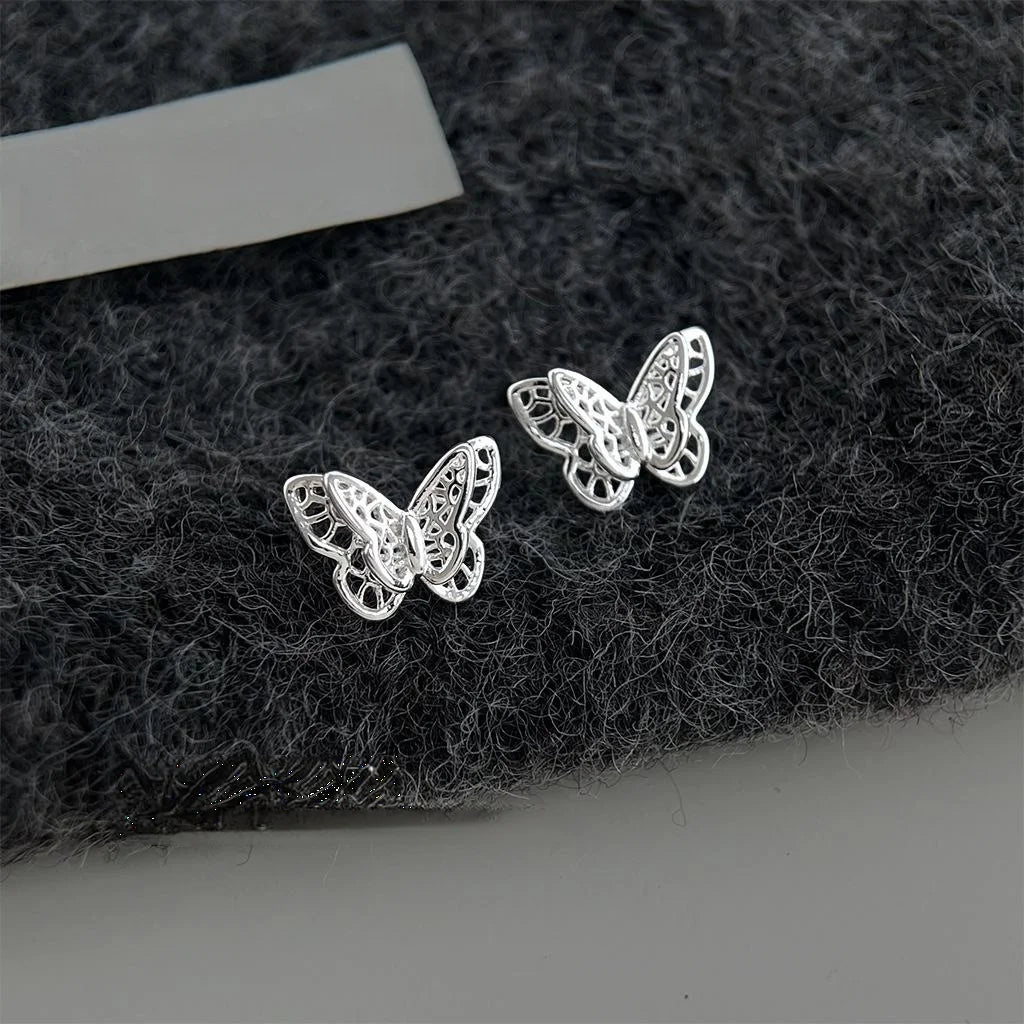 Copper Double Layer 3D Mini Butterfly Stud Earrings Hollow Sweet Chic Spring Summer Jewelry