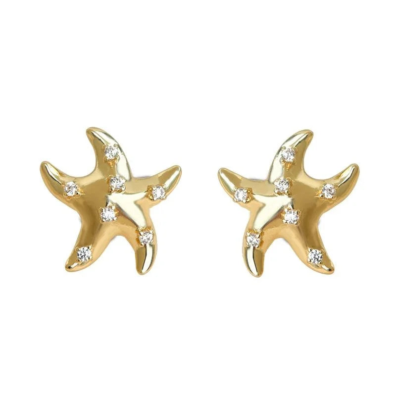 14K Gold Plated Copper Starfish Stud Earrings With Micro Pave Zircon Ocean Luxury Style