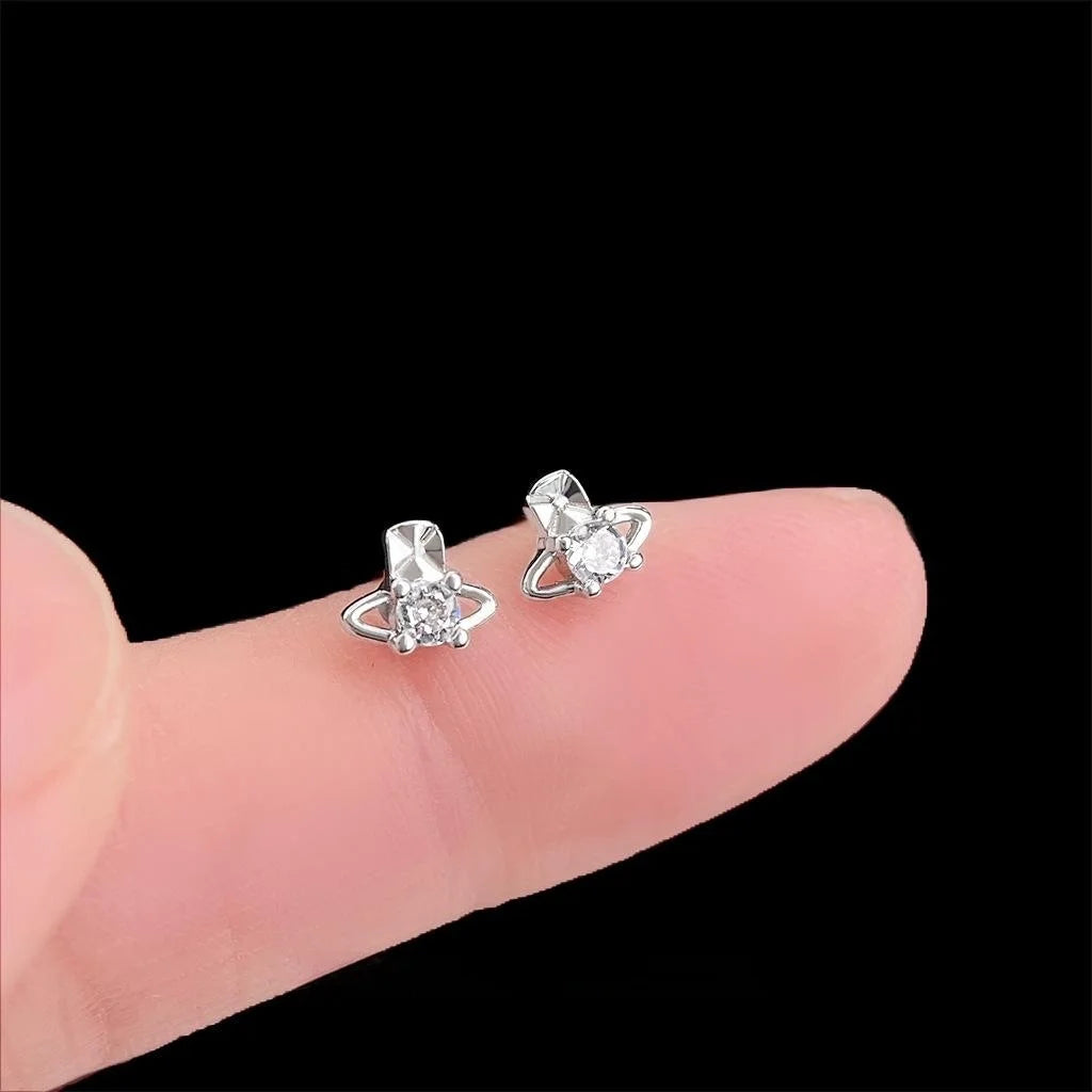 Mini Saturn Zircon Stud Earrings For Women, Copper, Simple Geometric Style