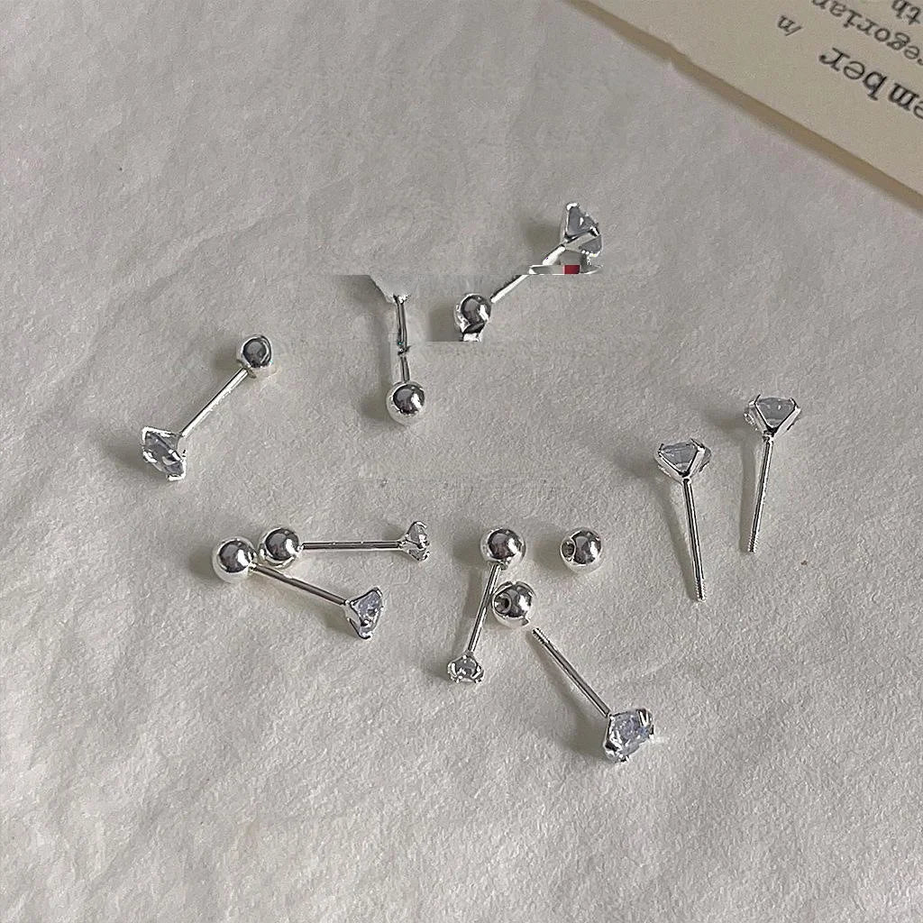 Trendy Copper Zircon Screw Back Stud Earrings For Women, Round Geometric Cartilage Jewelry