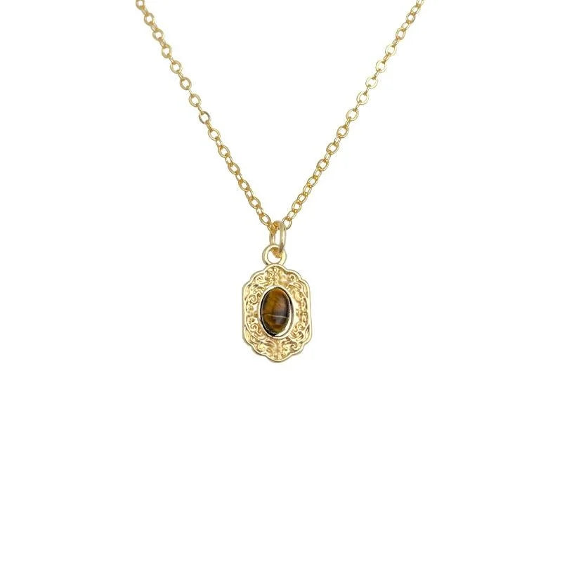 18K Gold Plated Copper Tiger Eye Natural Stone Vintage Collarbone Necklace For Women