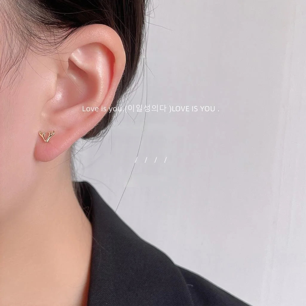 Minimalist Copper Mini Deer Antler Stud Earrings, Silver Plated French Vintage Geometric Jewelry
